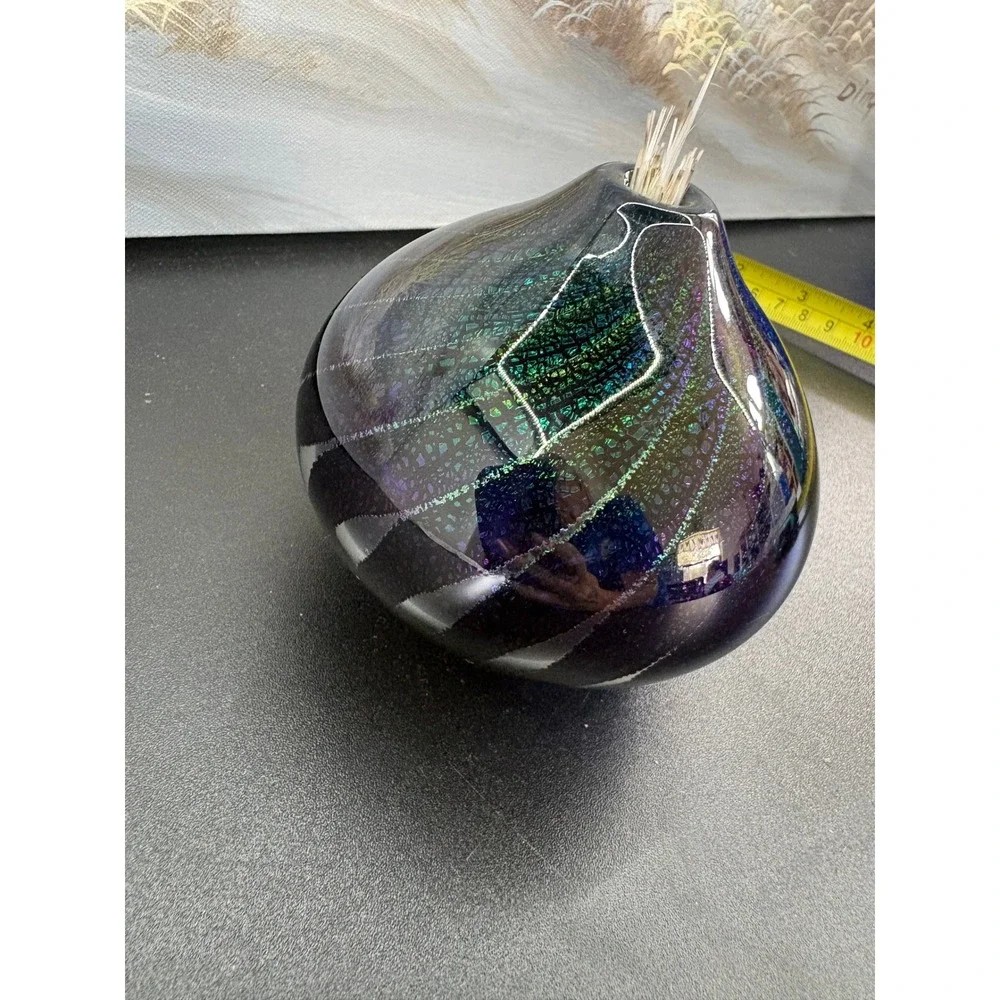 Maytum Studio 1994 Iridescent Art Glass Paperweight Oil Lamp  Blue Green